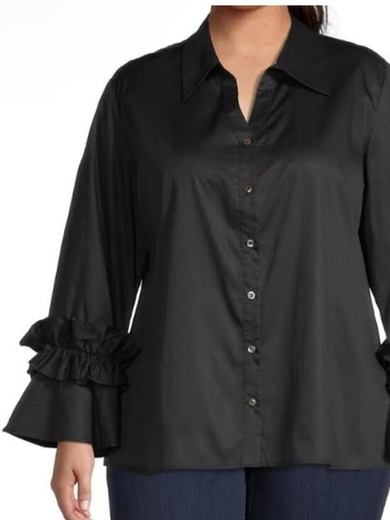 Harshman Tops - Harshman Women's Black Cotton Selina Blouse with Ruffled Cuff Detail Sz: L NWT